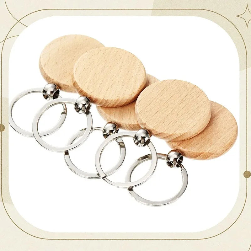 100pcs round wooden key ring portable beech keychain - chain
