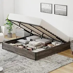 Queen size lift up storage platform bed frame metal with wooden slats support no box spring needed large sp - rustic