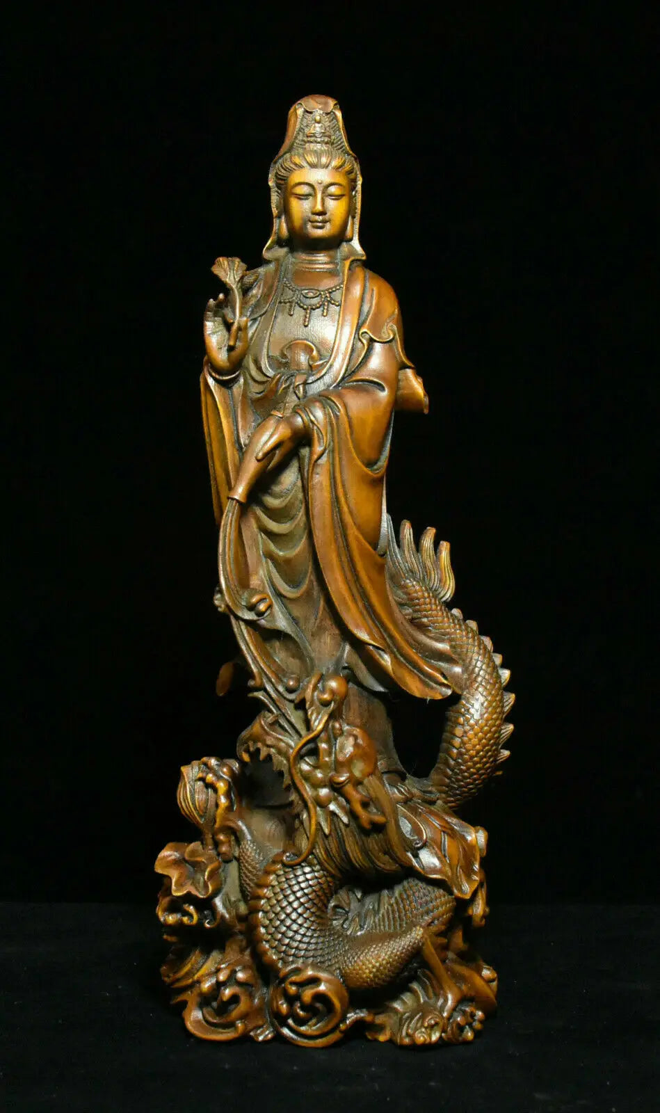 Old china boxwood wood dragon kwan-yin boddhisattva loong guanyin goddess statue buddha statue - religious (buddhist)