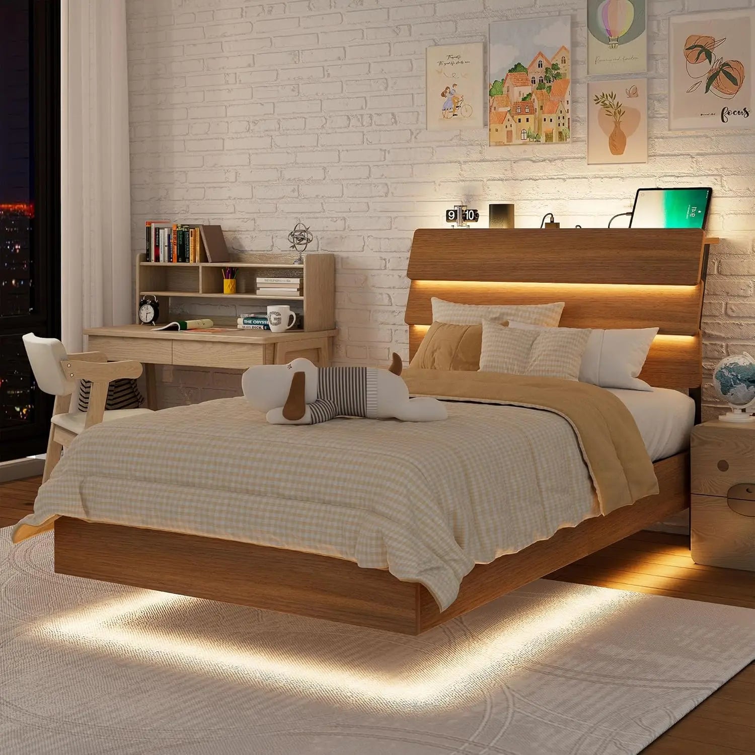 Feonase floating bed frame king with led lights and charging station wood full size storage headboard heavy dut