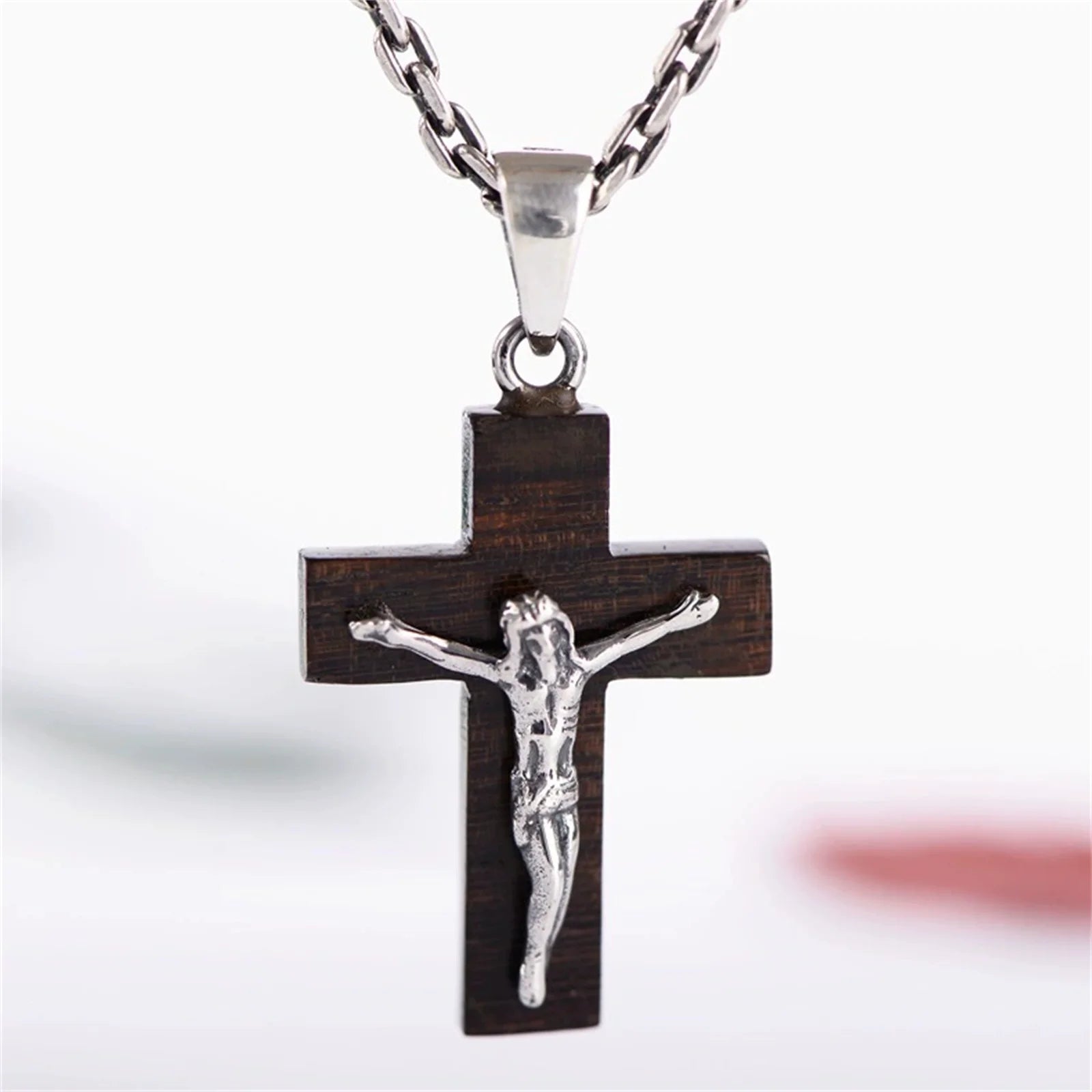 Wooden cross sterling silver 925 crucifix little pendant necklace for men women catholic religious jewelry