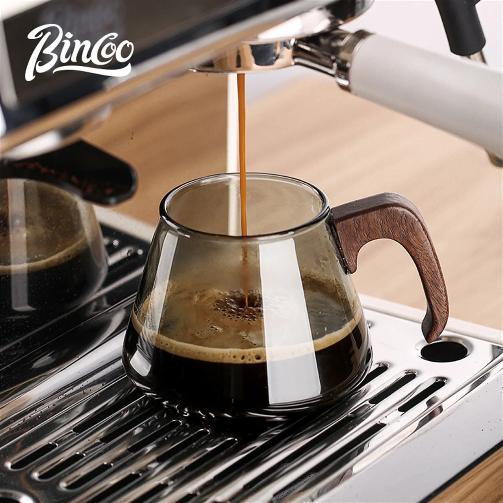 Bincoo 250ml heat resistant glass coffee cup with walnut wooden handle – durable barista latte kitchen espresso