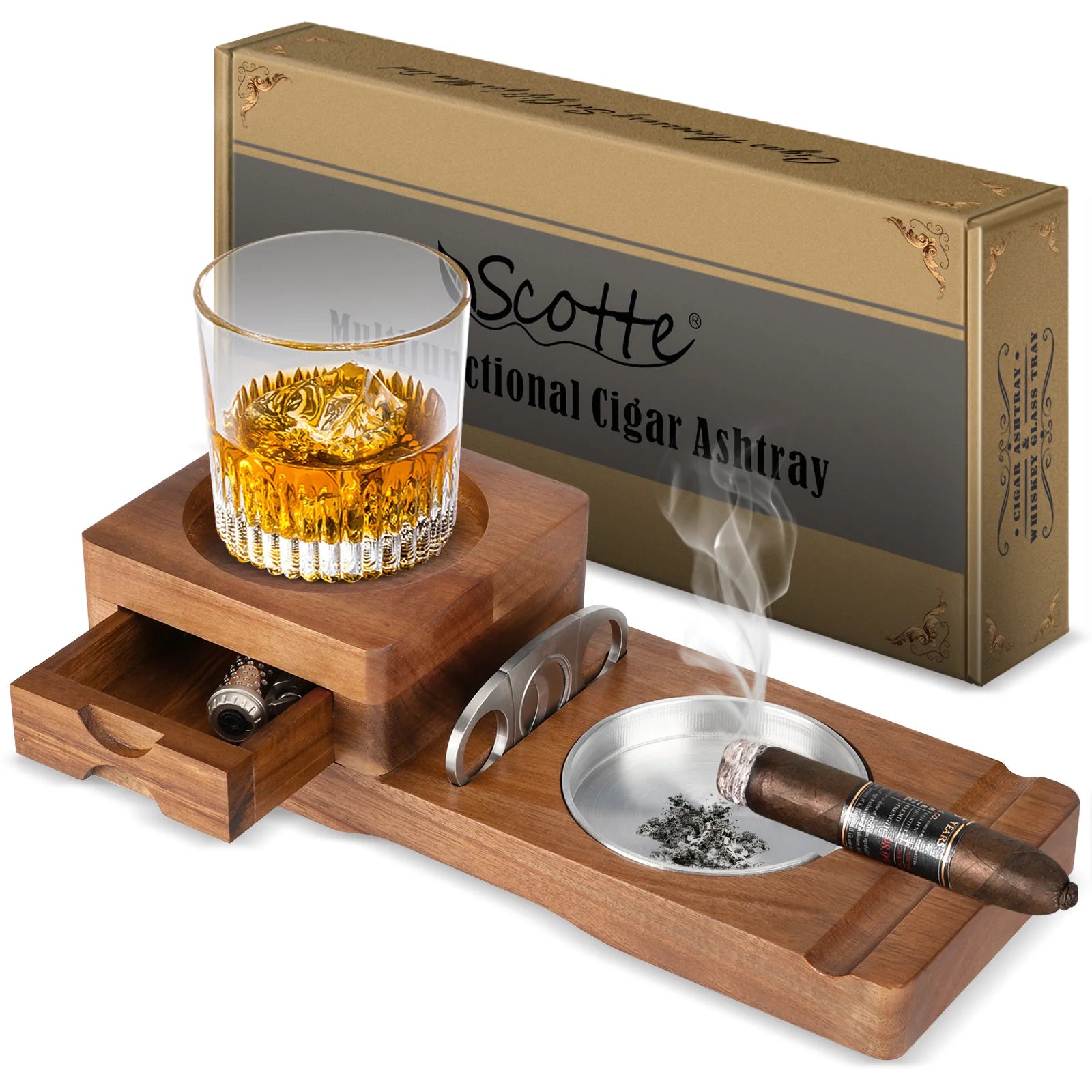 Scotte ashtray coaster whiskey glass tray & wooden ash with cigar cutter includes drawer and slot - brown / united