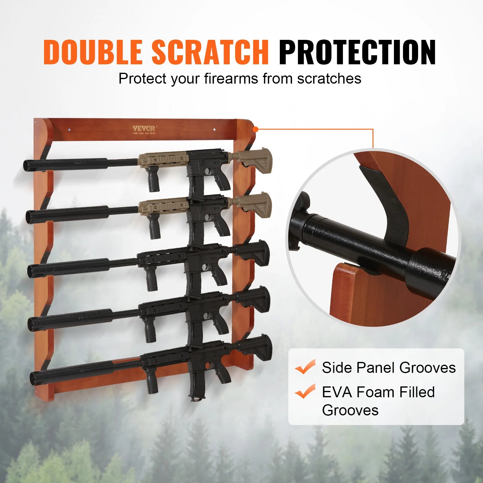 Vevor gun rack wood wall mount display holds 4/5 rifles shotguns 132 lbs heavy duty rifle w/ soft padding - 4-slot