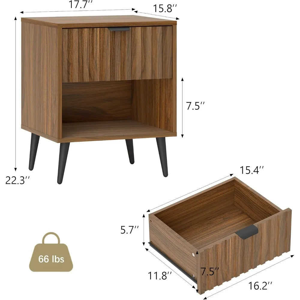 Contemporary fluted nightstand: natural wood with drawer and open shelf - united states / brown