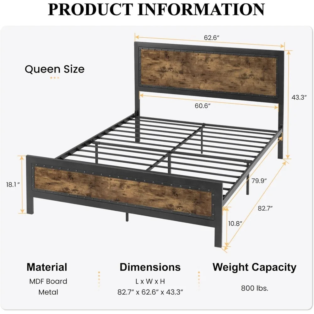 Sha cerlin grey metal bed frame queen industrial wooden platform base with rivet headboard and footboard no box spring