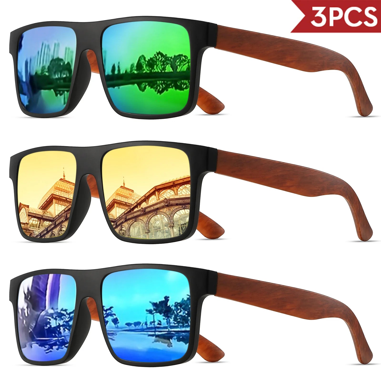 3pcs polarized retro square sunglasses - mahogany wood grain temples & spring hinges uv400 for driving/travel/outdoor