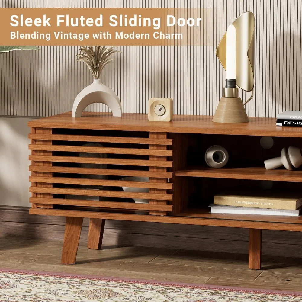 Mid-century modern tv stand for 55-65 inch tvs entertainment center with sliding doors and storage shelves media consol