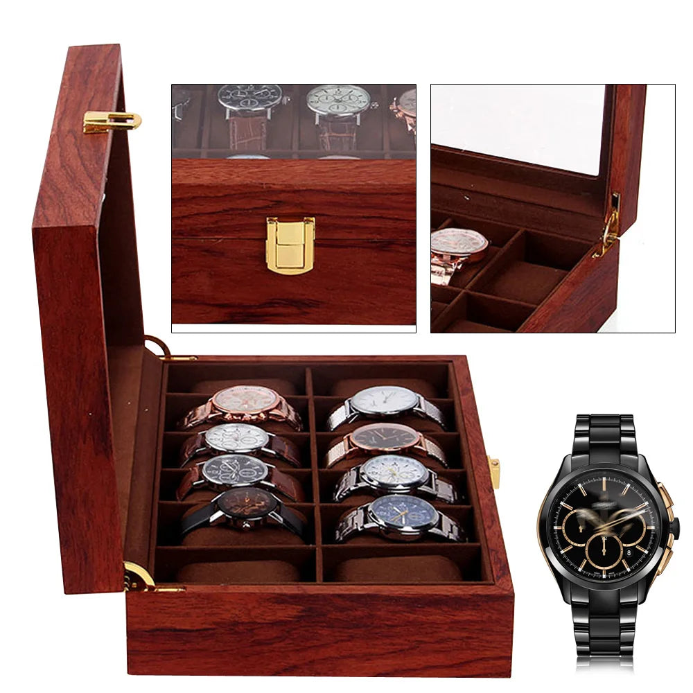 Wooden watch storage box with 12 slots rosewood grain finish soft velvet cloth lining perfect display case for watches