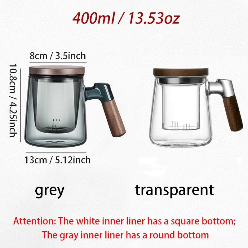 400ml borosilicate glass tea cup with infuser steeper and lid for loose leaf wood handle blooming diffusers filter mug