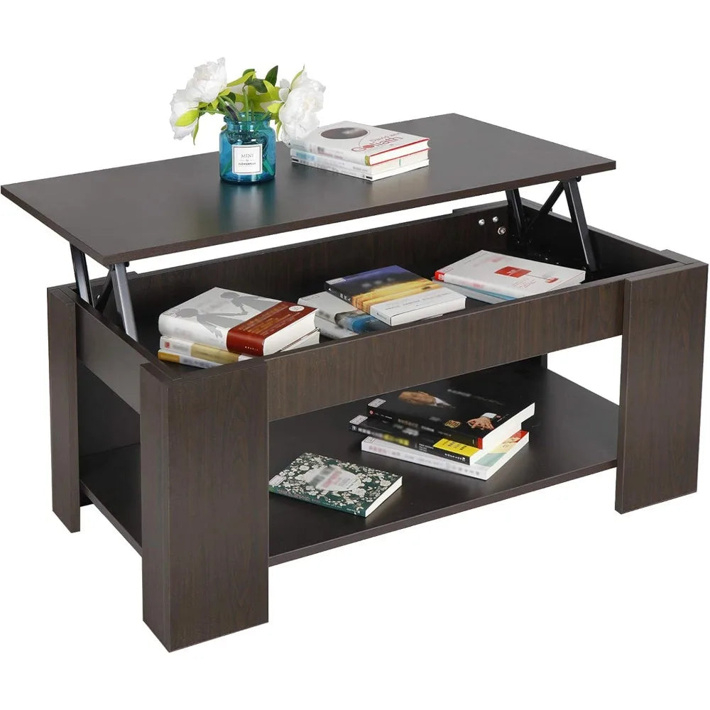 Modern lift top coffee table w/hidden compartment and storage shelves pop-up cocktail for living room reception