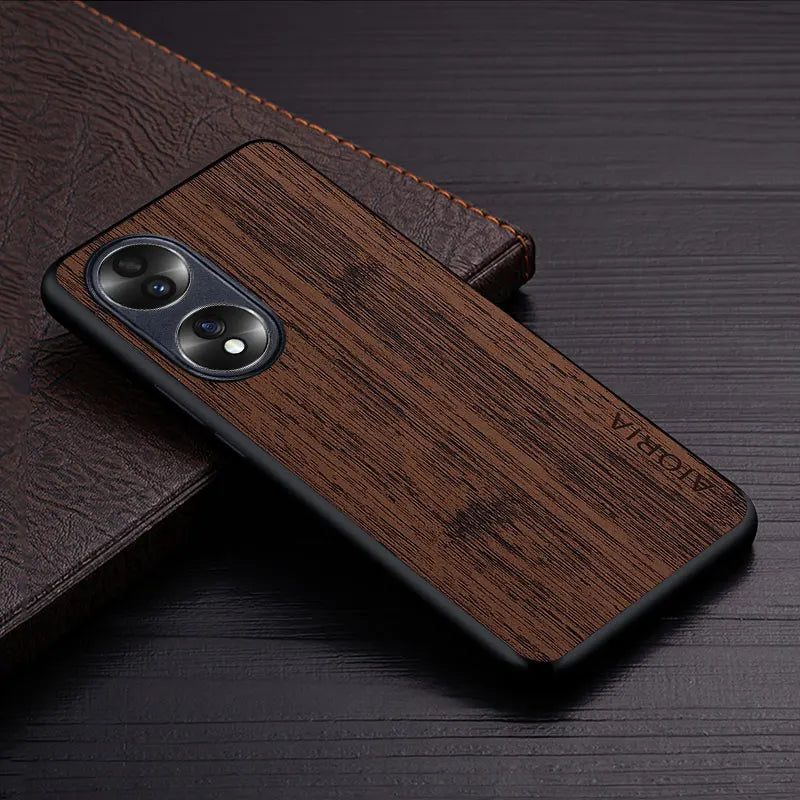Case for honor 70 5g funda bamboo wood pattern leather phone cover luxury coque huawei honor case capa - coffee