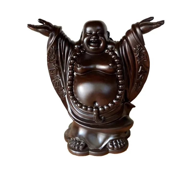 Hand carved ebony wood happy buddha statue figurine - laughing maitreya big belly ornament prosperity fortune home