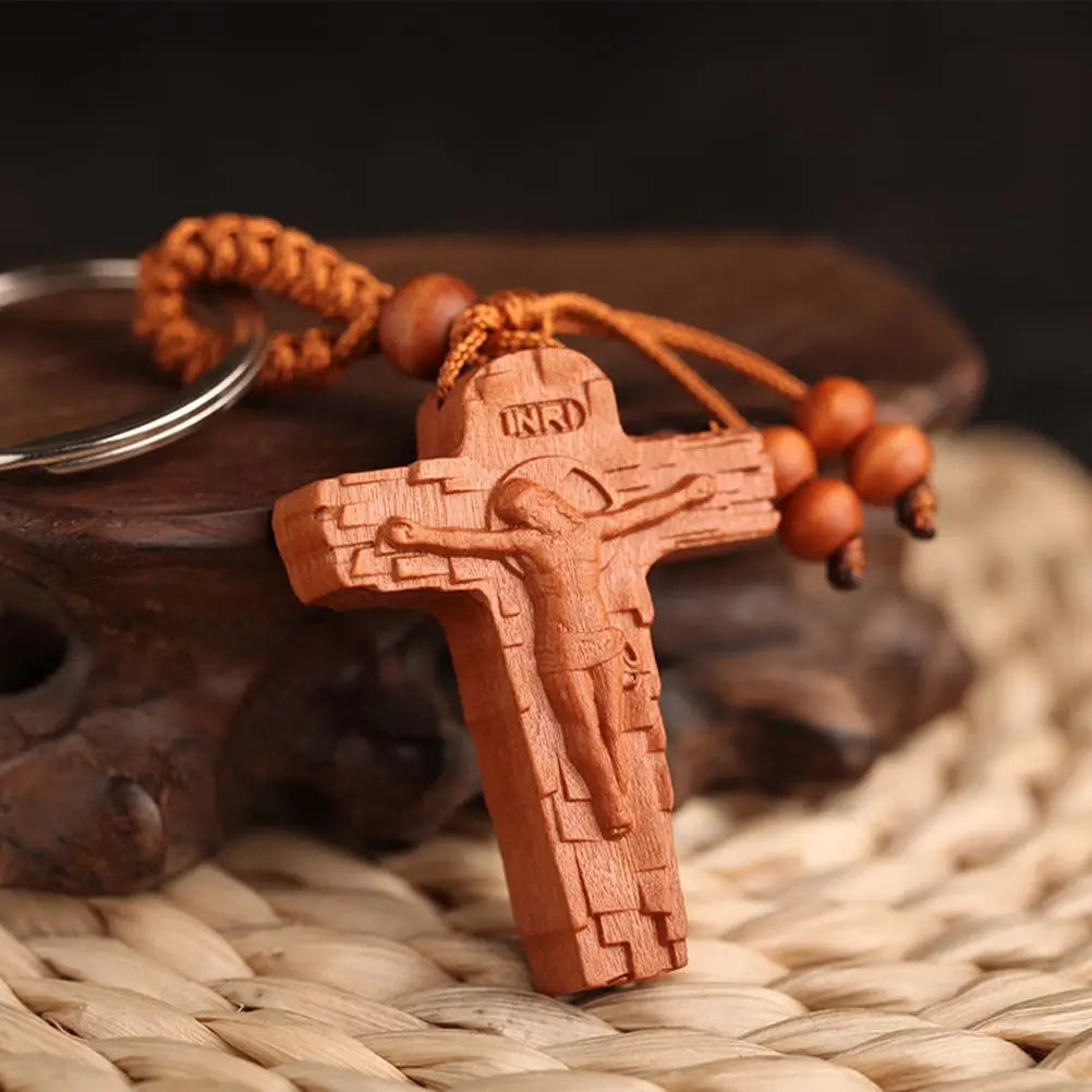 20 pcs keychain wooden key ring handmade premium material christian cross hanging keychains creative gift keyrings bag