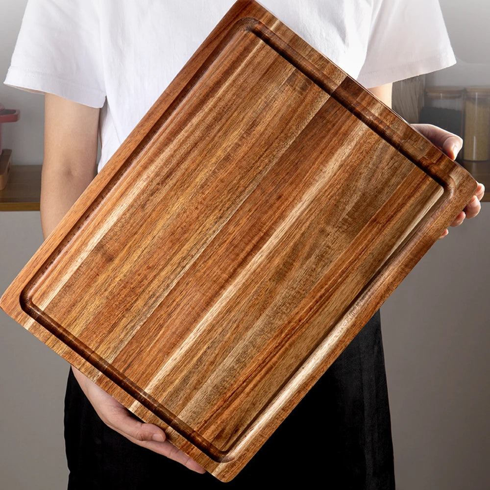 Thick acacia wood cutting board double-sided using large solid wooden chopping block with juice groove food-safe