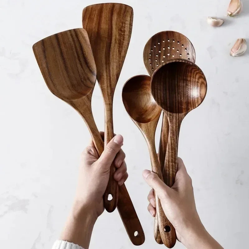 Wooden spoon natural tableware teak wood nanmu super long cooking kitchen utensils for tools