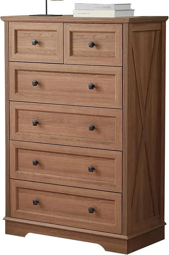 Farmhouse dresser for bedroom with 6 deep drawers modern tall chest of natural oak wood storage organizer d - united