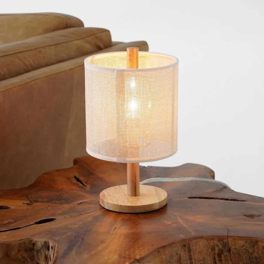 Levio table lamp natural oak wooden base with linen shade 110120v paper rattan weave material wood desktop