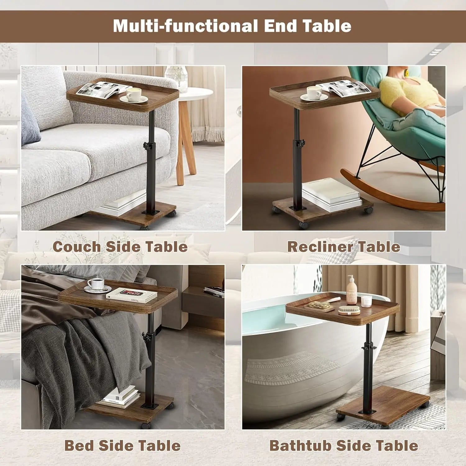 Wooden c-shape lifting side table movable small sofa corner for living room bedroom bedside laptop desk