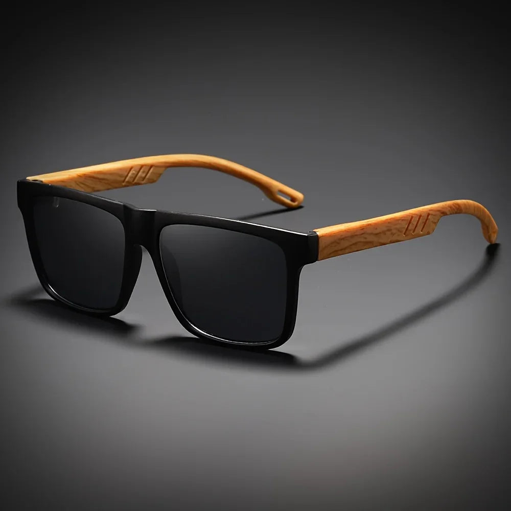 Retro square sunglasses wood-grain temple lightweight spring hinges uv400 daily casual unisex vintage eyewear - united