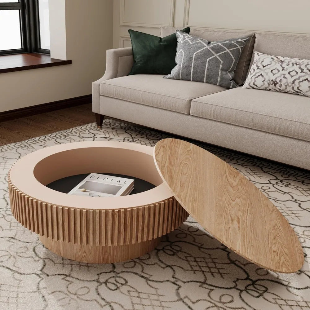 Modern circular coffee table with storage luxury drum style center solid wood veneer accent side