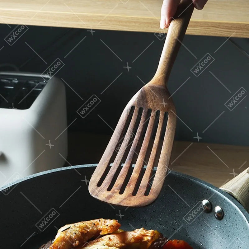 2pcs wooden spatula for cooking slotted turner long handle kitchen utensils set wood frying baking tools