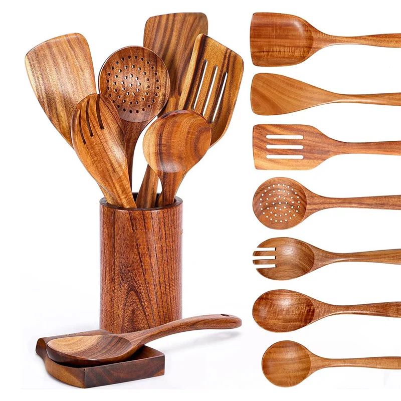9 pcs wooden spoons for cooking utensils with holder teak kitchen set