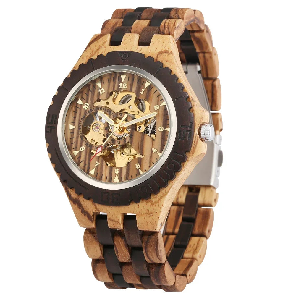 New full wooden automatic men watches gold analog arabic numerals display wood bracelet wristband self-winding male