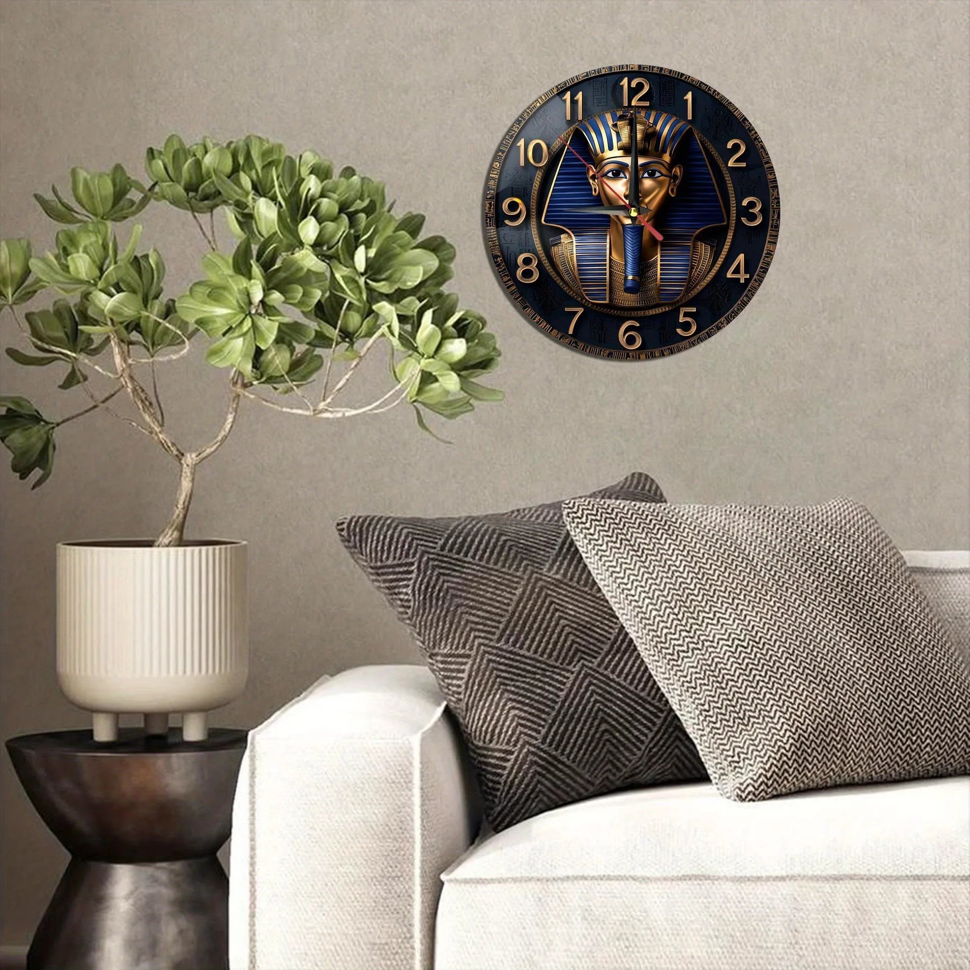 Wooden wall clock with an ancient egyptian pharaoh pattern perfect for home decor. Runs on aa batteries