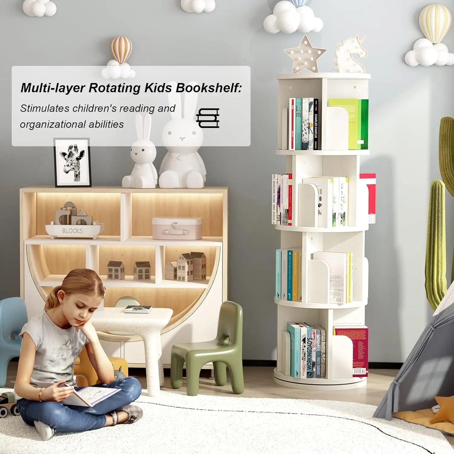 Wood rotating bookshelf 360 display 4 tier corner book shelf organizer floor standing storage bookcase for bedroom