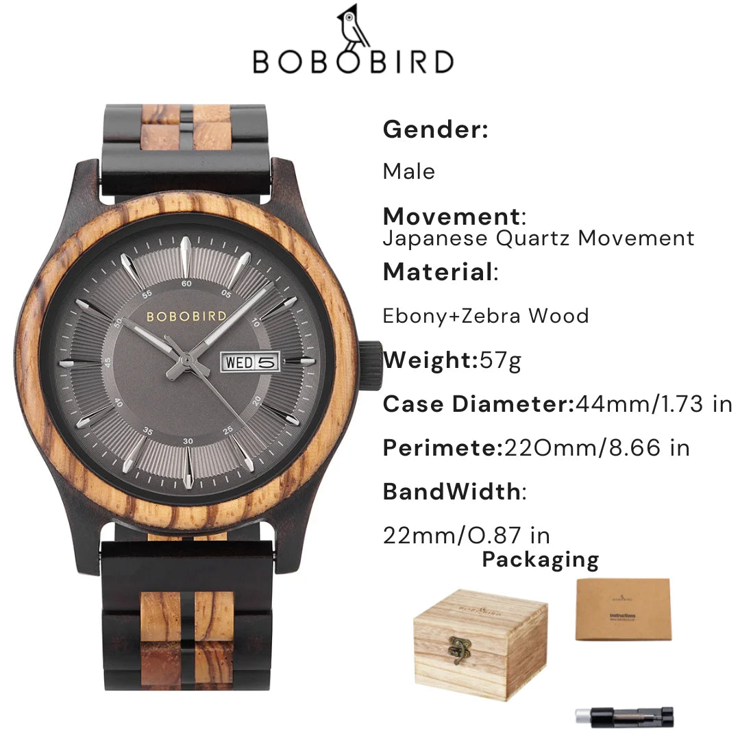 Bobo bird men’s wooden watch with blue dial – natural handmade wood wristwatch date display anniversary gift in box