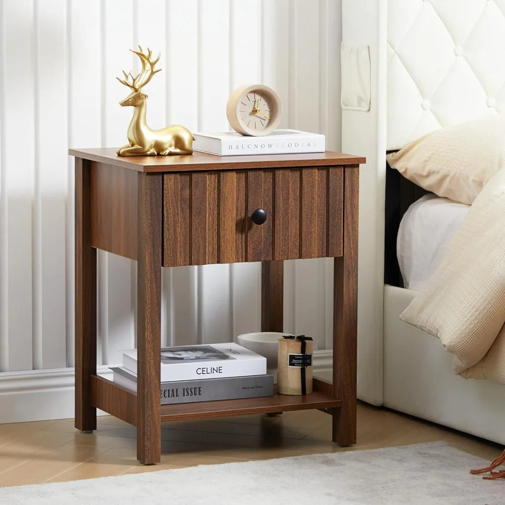 Wood nightstand 21.65’’ h bedside table with wide fluted finish modern night stands drawer mid century end