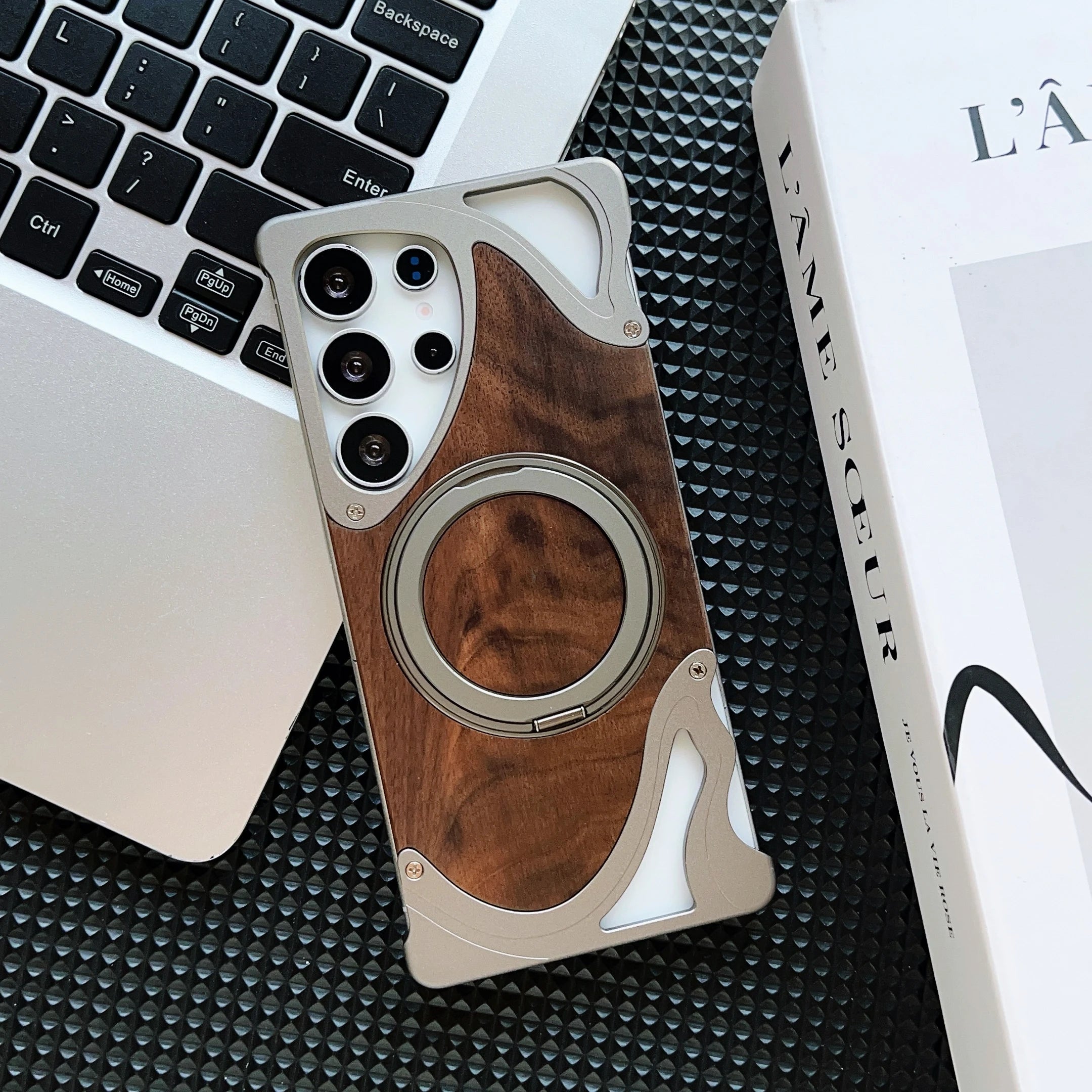 For samsung galaxy s23 s22 s24 s25 ultra walnut wood metal borderless armor case 360° rotating magnetic bracket