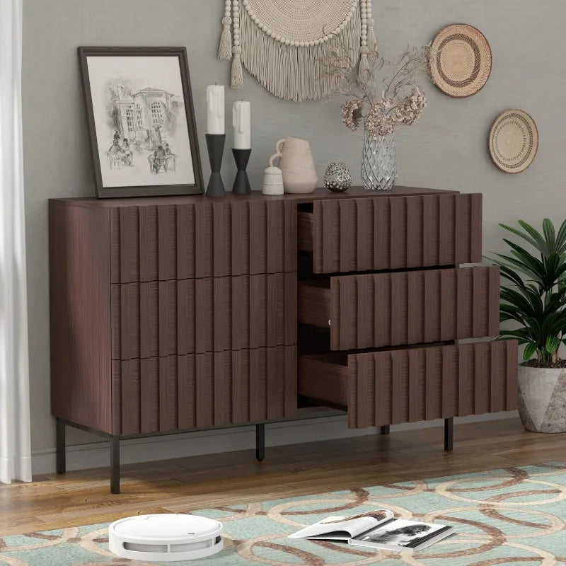 Fluted dresser for bedroom with 6 drawers 47’’ wide large chest of metal stand mid-century wooden tv s - united states