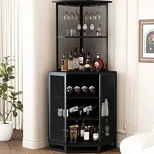 Tall corner bar cabinet large wood and metal liquor with wine rack adjustble shelf storage, - black oak / united states