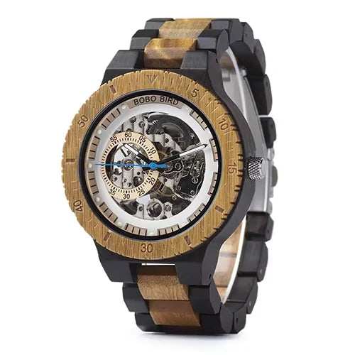 Wooden automatic mechanical watch men wristwatch bobo bird top fashion luminous hands clock custom gift box relogio