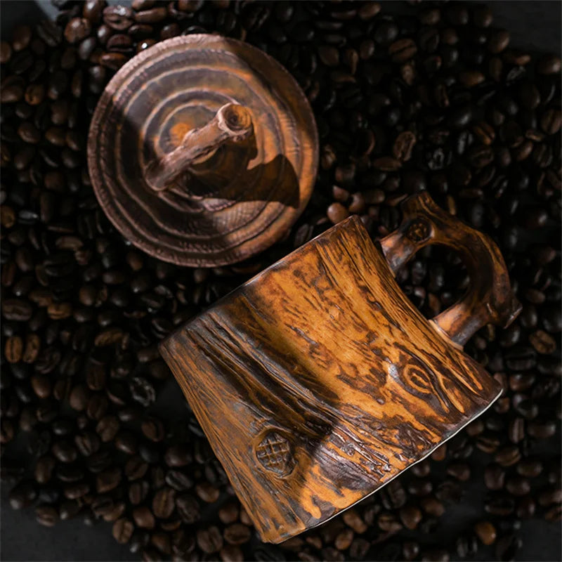 Vintage wood texture cups tree stump ceramic coffee mug with handle and lid breakfast milk mugs personalized gifts