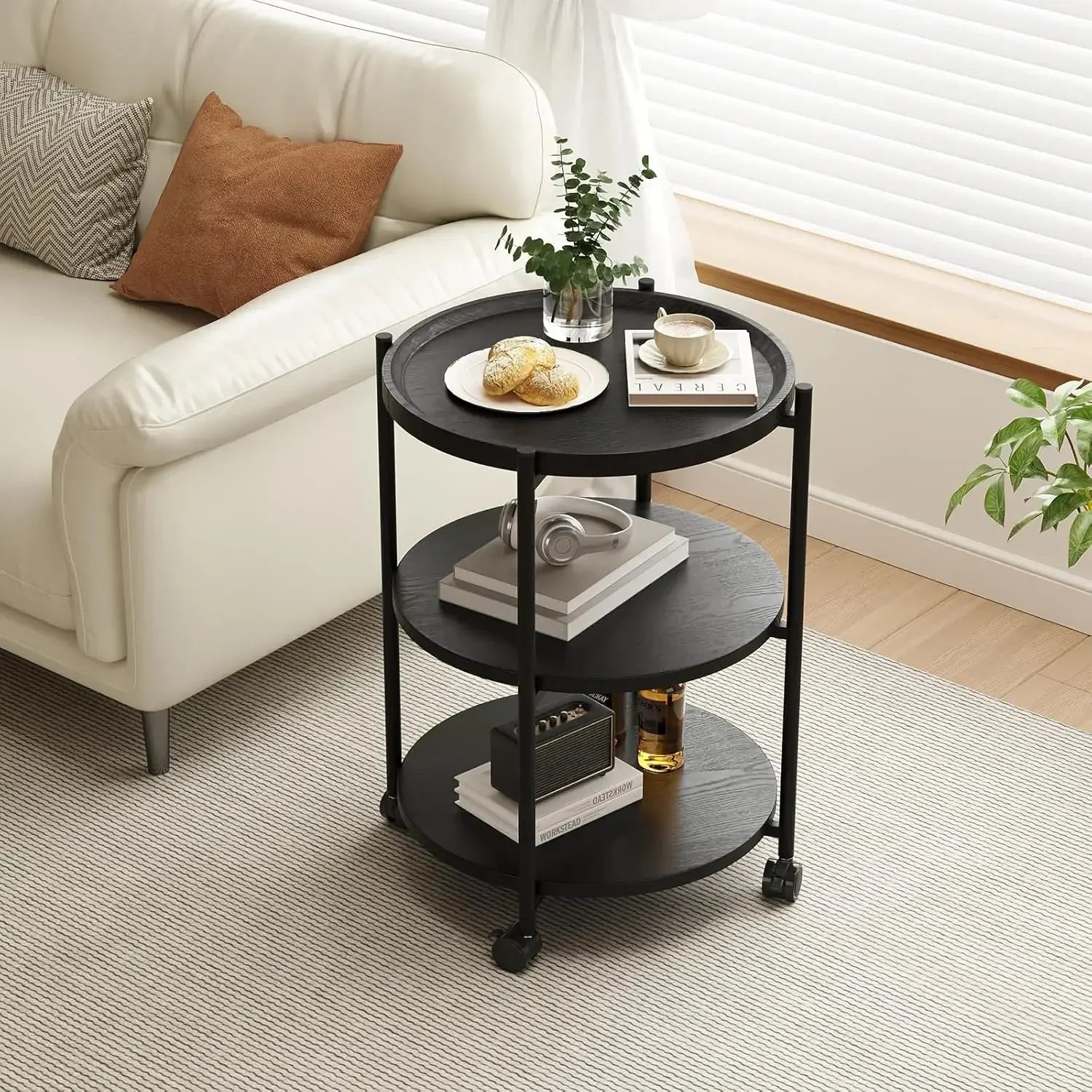 Side table 3-tier modern end with wheels small round nightstand bedside for living room bedroom or spaces - united