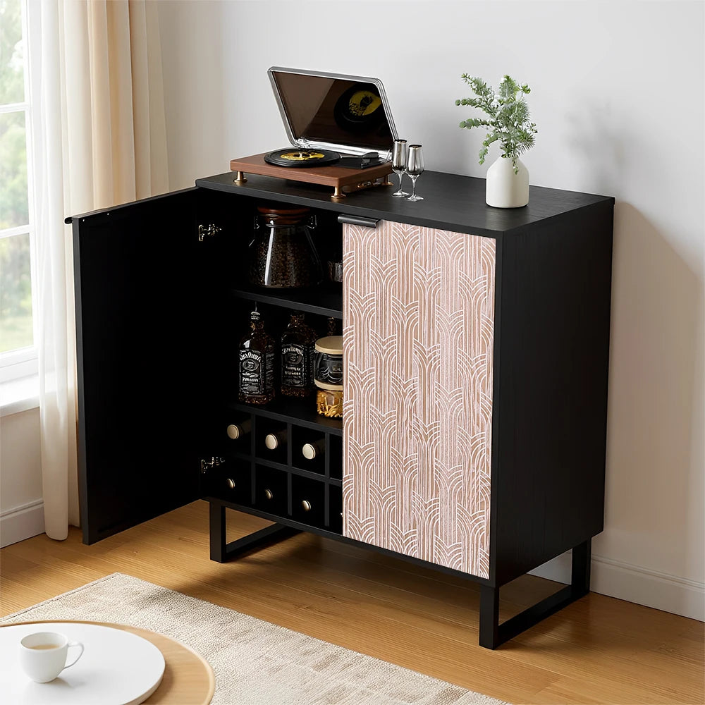 Black brown wooden wine cabinet for 14 bottles freestanding bar with glass holders sideboard function - black / united