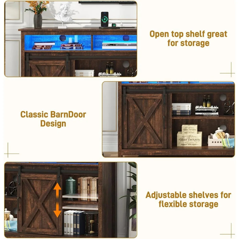 Led farmhouse tv stand for 90/85 inch tvs rustic entertainment center cabinet stands with power outlets brown - united