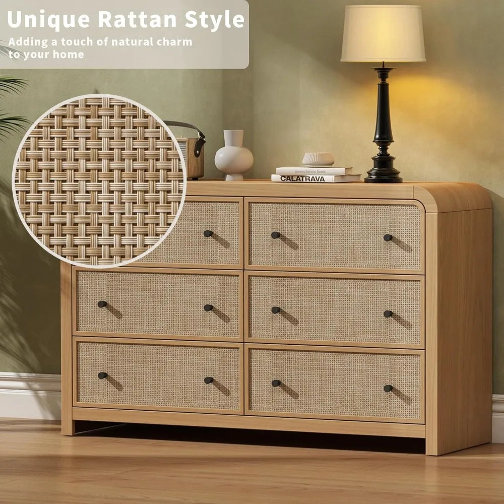 6 drawer dresser for bedroom 49’’ rattan with ample storage boho chest of drawers thickened curved profile design