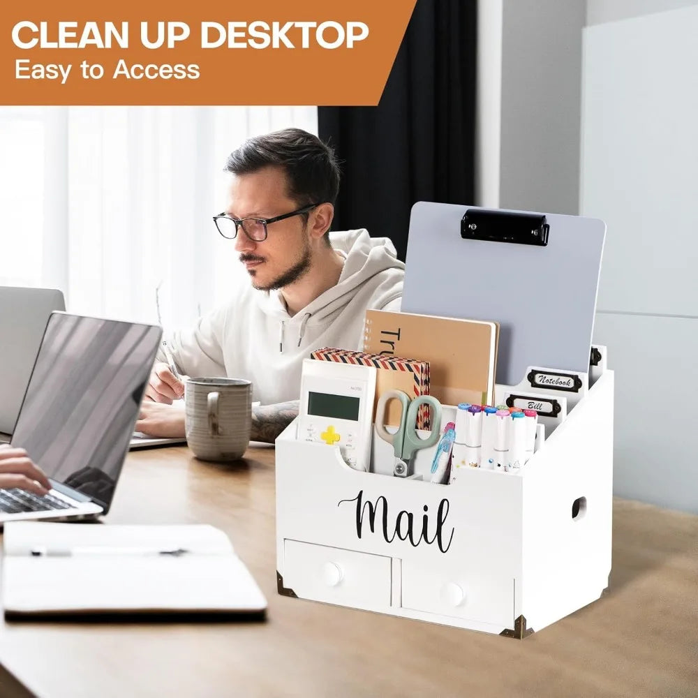 Mail organizer desktop wood desk with 2 drawers 4 compartments for home office accessories white - united states