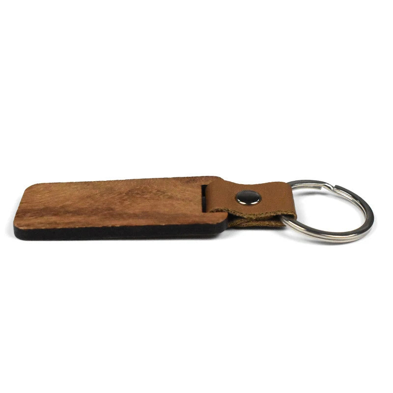10-150pcs rectangular wood keychains blank pu leather keyrings pendant key chain