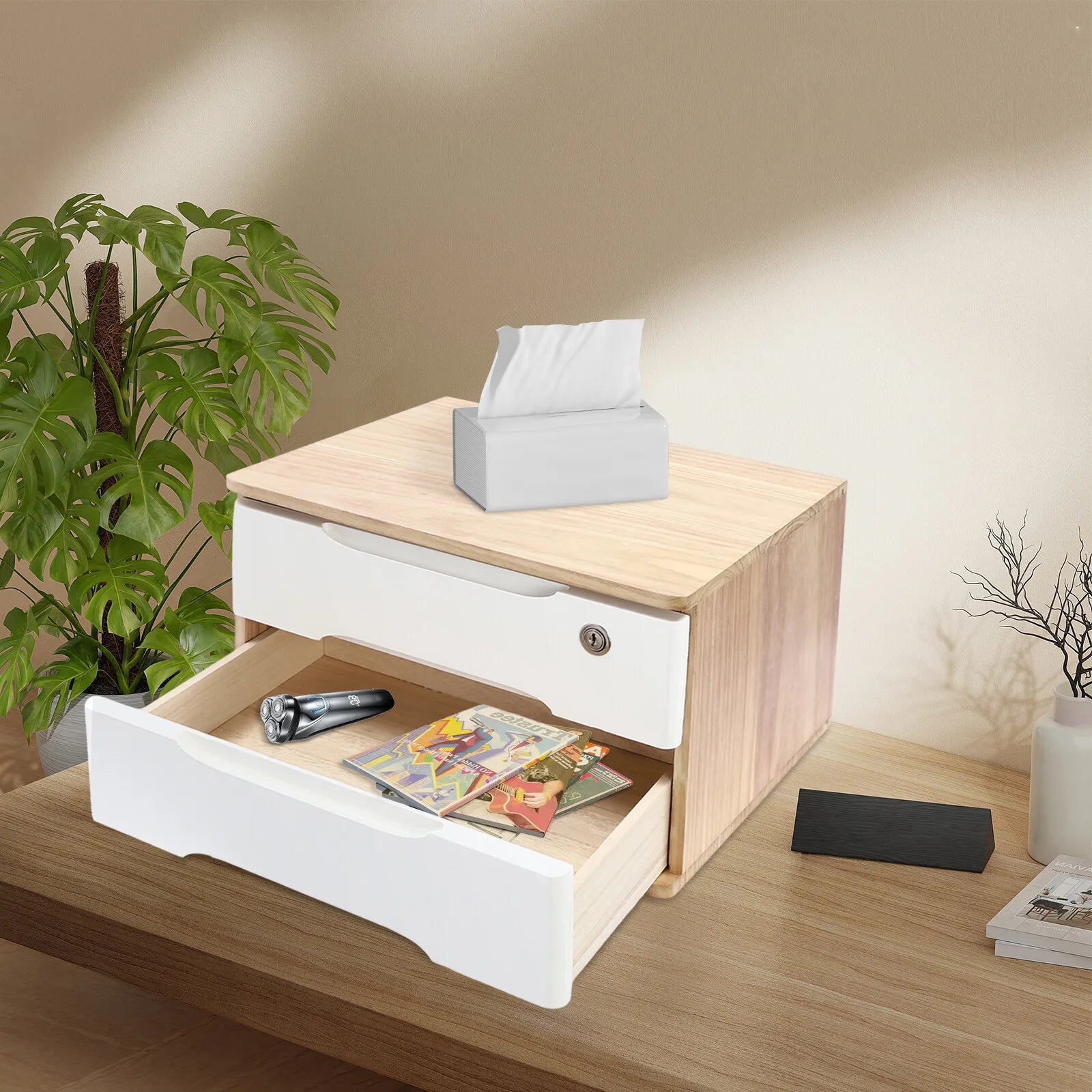 2 tiers wooden desktop storage box organizer with lockable drawers office & home - united states