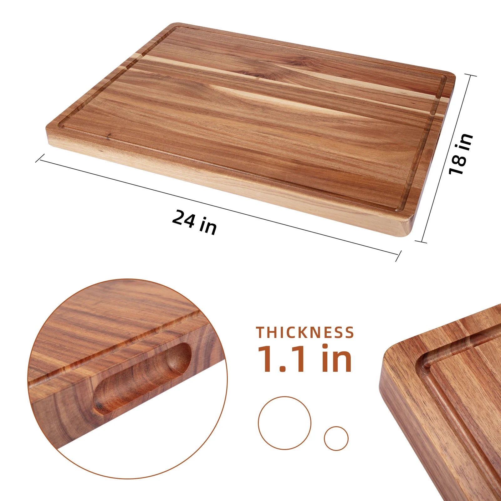 Acacia large wood cutting board 1.5 inches thick butcher block cheese charcuterie with side handles and juice grooves