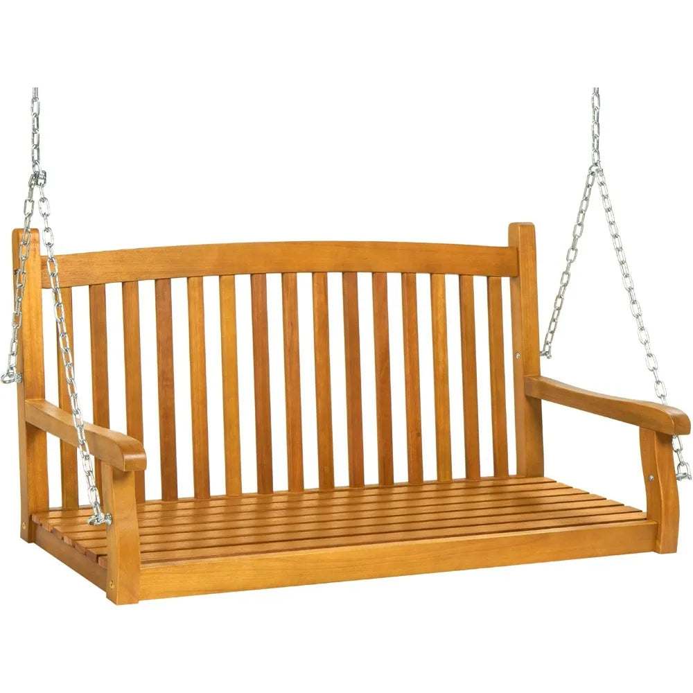 48in wood porch swing outdoor patio hanging bench chair furniture for deck garden yard w/mounting chains curved back
