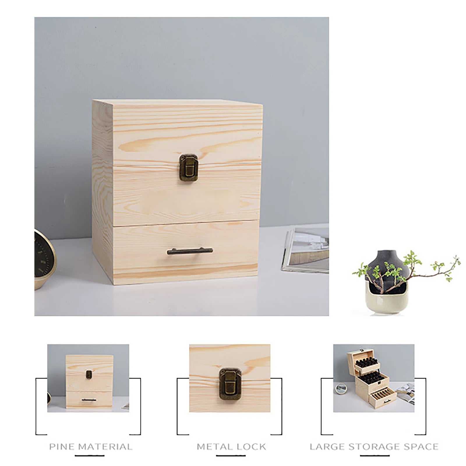Wooden storage boxes case 59 grid level 3 space savings essential oil box large organizers multi-tray organizer - wood