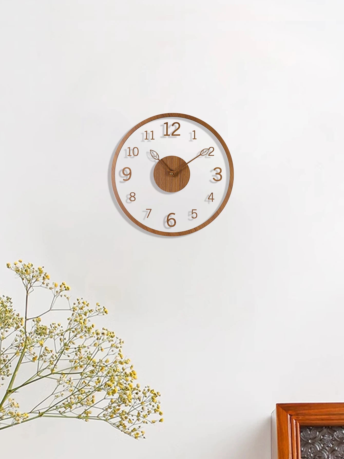 Transparent minimalist wall clock tree leaf pointer wood grain silent living room bedroom office and holiday de - 12