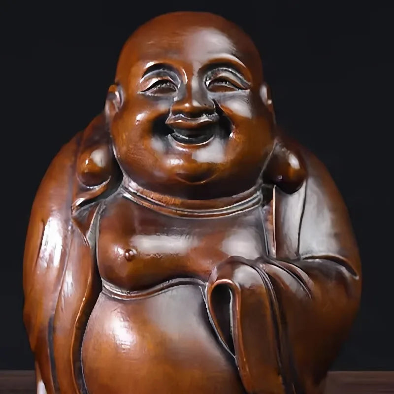 Hand-carved boxwood happy buddha statue - 2.56’’ maitreya figurine with beads wooden sculpture home decor lucky - 6.5cm