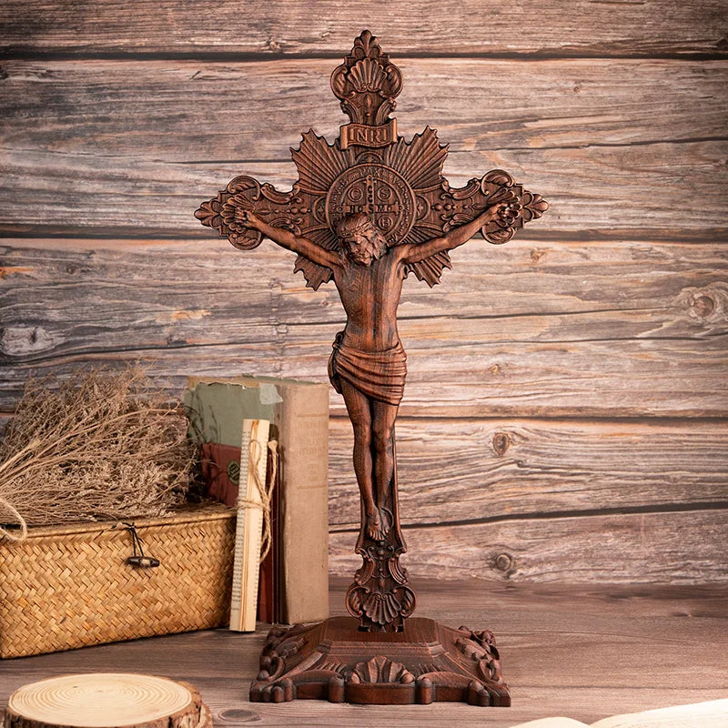 Handmade st. Benedict wooden cross statue religious home altar decor with base carved catholic christian